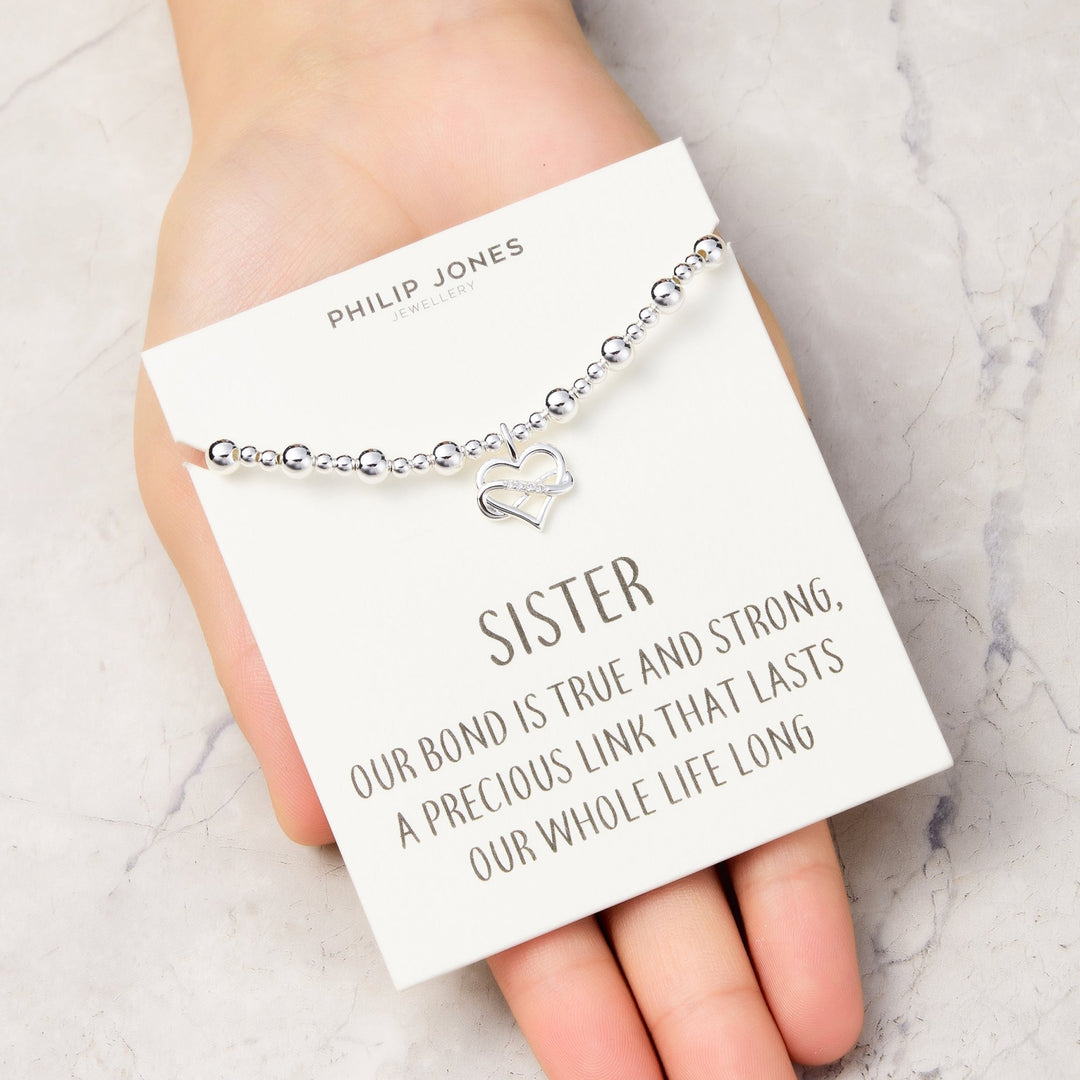 Sister Infinity Heart Beaded Stretch Bracelet with Quote Card
