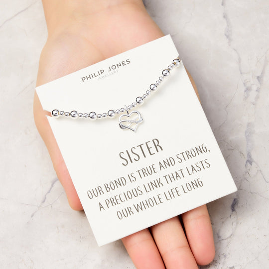 Sister Infinity Heart Beaded Stretch Bracelet with Quote Card