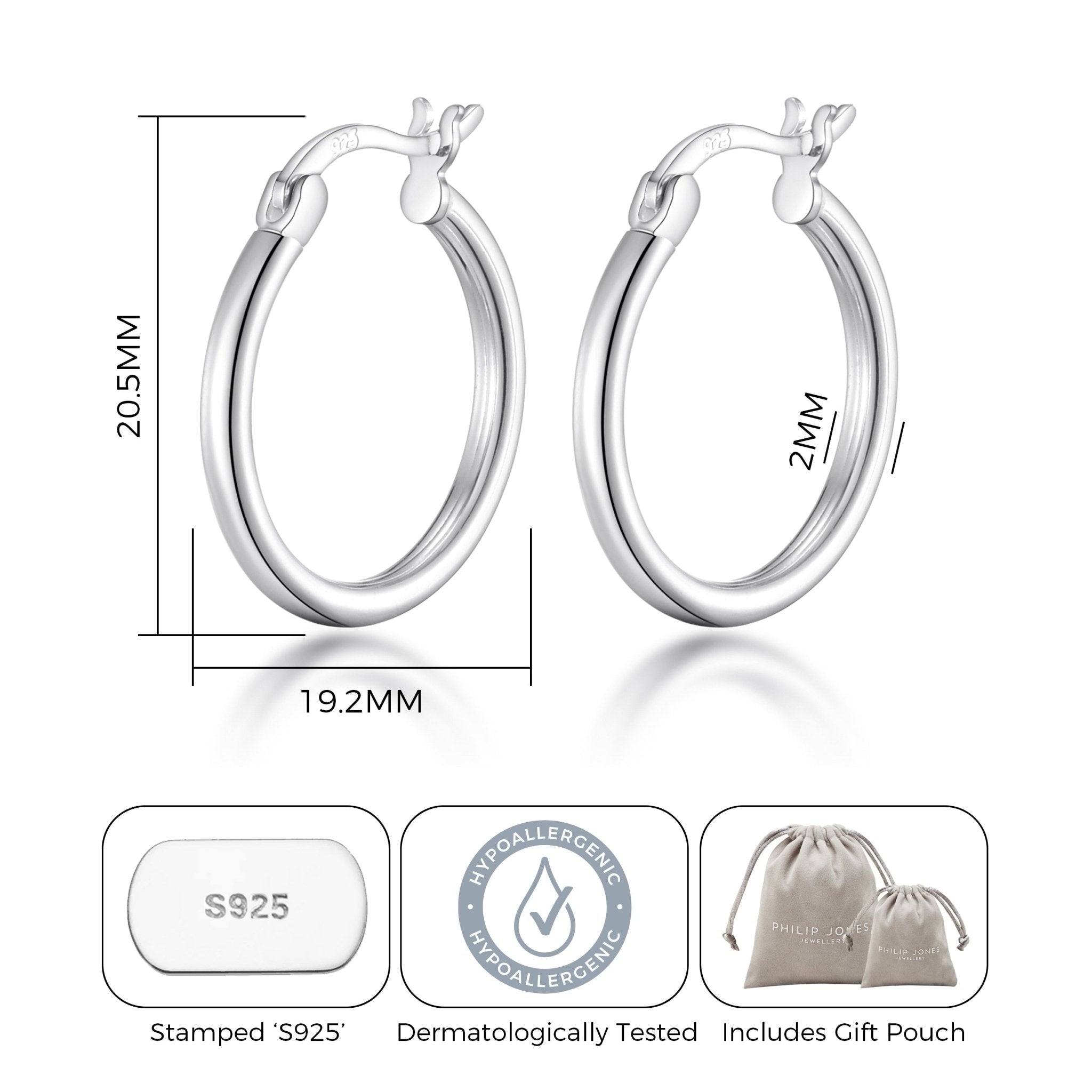 Sterling Silver 20mm Hoop Earrings - Philip Jones Jewellery