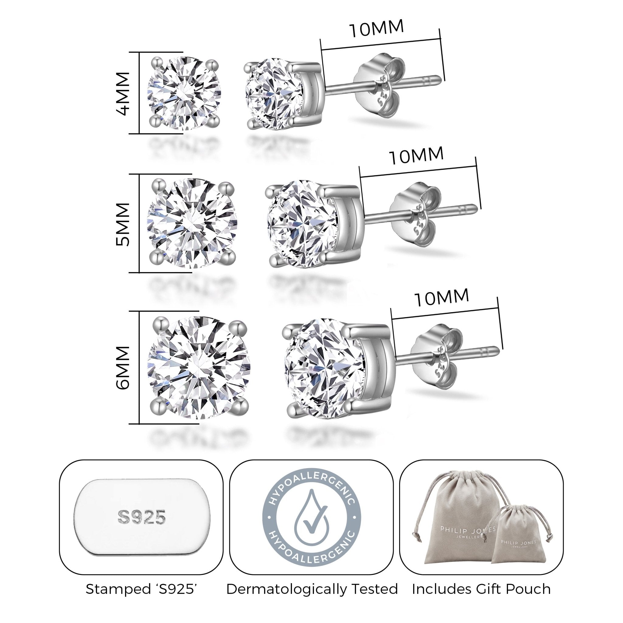 Sterling Silver 3 Pack of 4, 5, and 6mm Earrings Created with Zircondia® Crystals - Philip Jones Jewellery