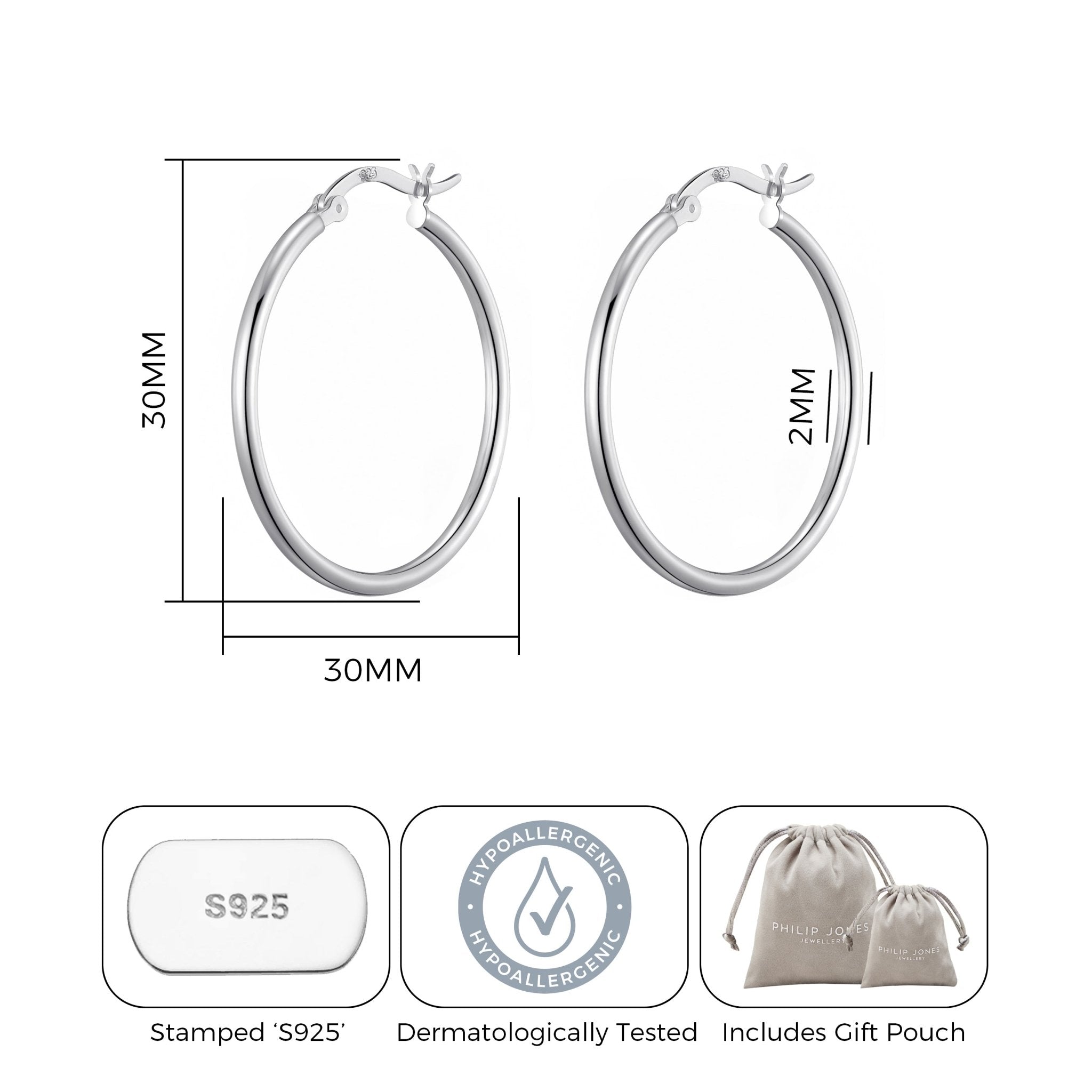 Sterling Silver 30mm Hoop Earrings - Philip Jones Jewellery