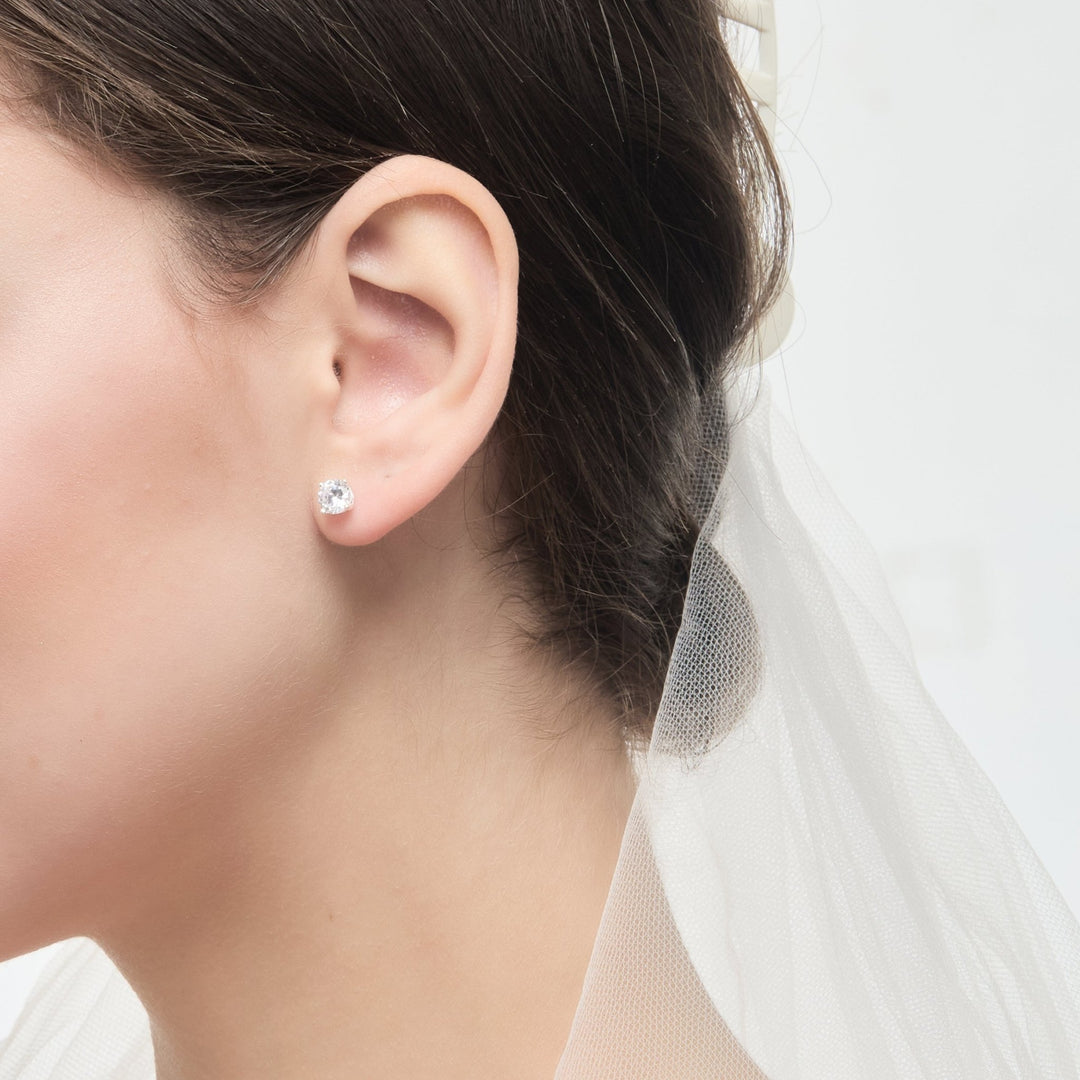 Sterling Silver 5mm Round Bridal Earrings Created with Zircondia® Crystals - Philip Jones Jewellery