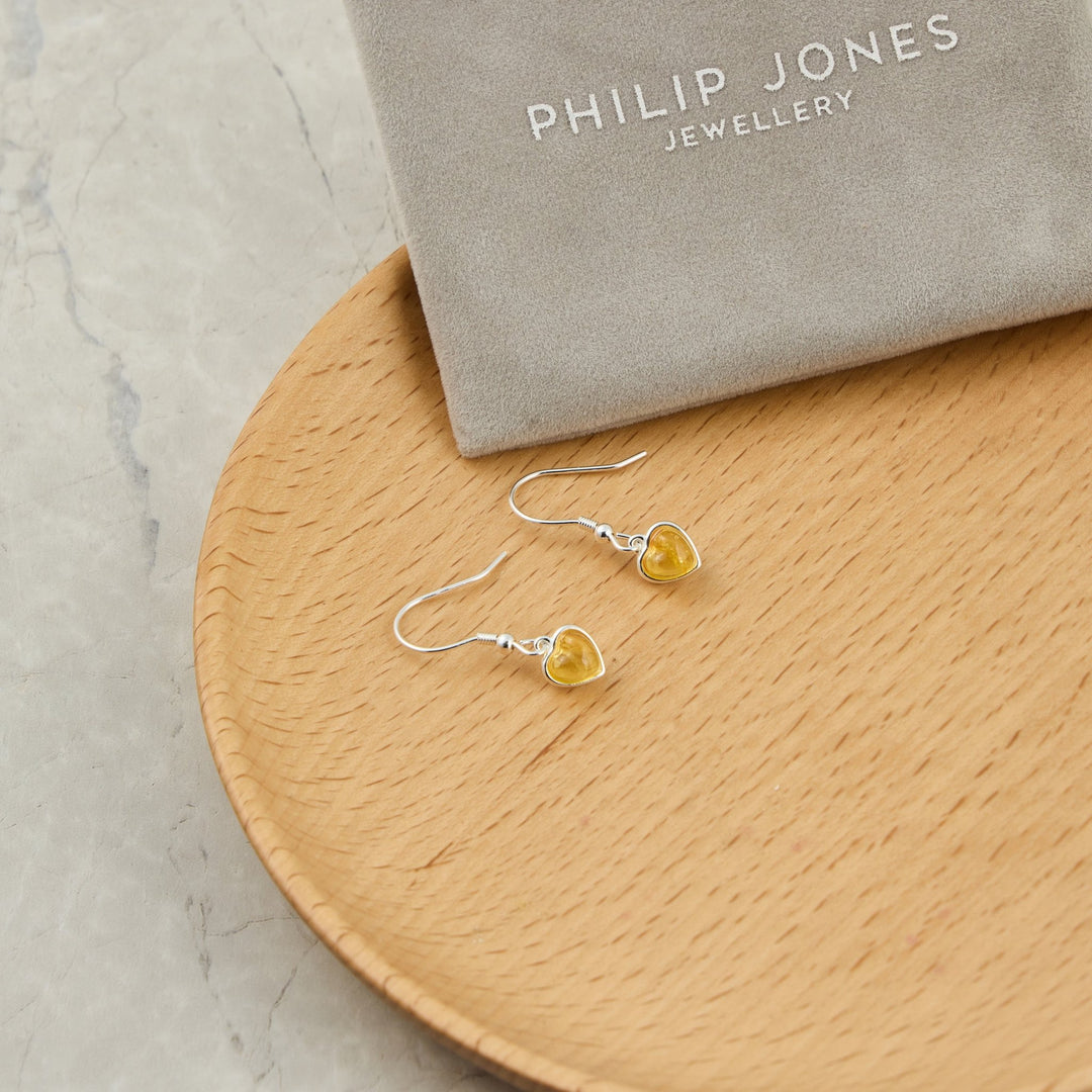 Sterling Silver Amber Heart Drop Earrings - Philip Jones Jewellery