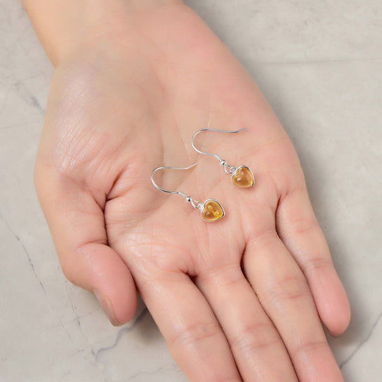 Sterling Silver Amber Heart Drop Earrings - Philip Jones Jewellery
