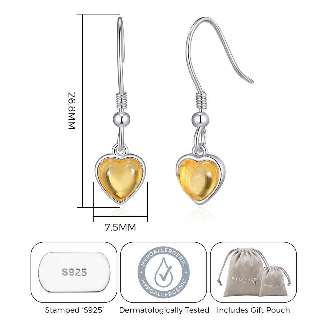 Sterling Silver Amber Heart Drop Earrings - Philip Jones Jewellery