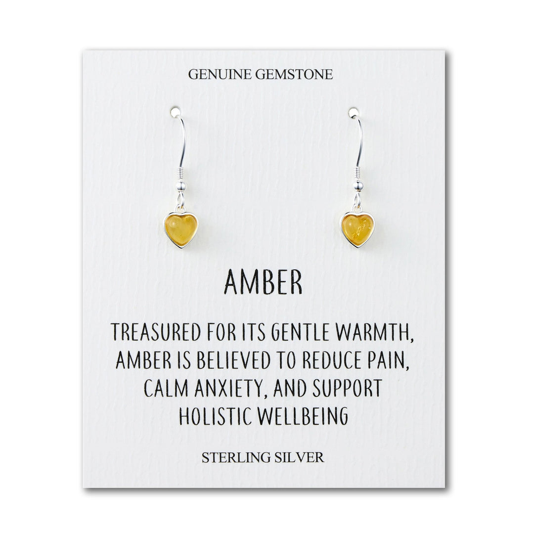 Sterling Silver Amber Heart Drop Earrings with Quote Card - Philip Jones Jewellery