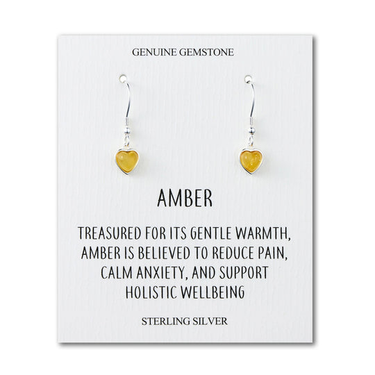 Sterling Silver Amber Heart Drop Earrings with Quote Card - Philip Jones Jewellery