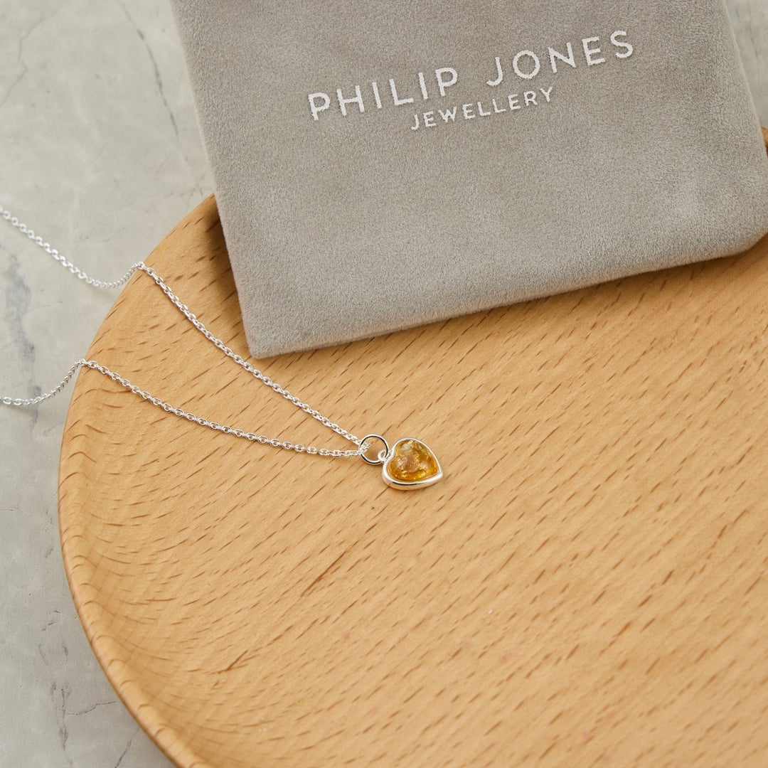 Sterling Silver Amber Heart Necklace - Philip Jones Jewellery