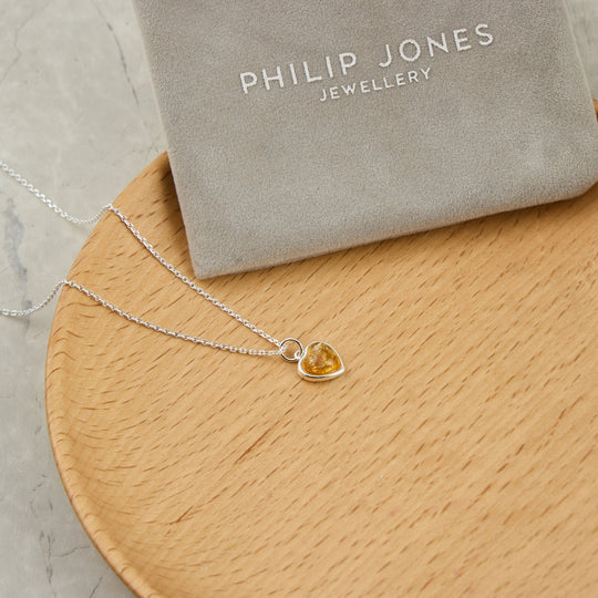 Sterling Silver Amber Heart Necklace - Philip Jones Jewellery