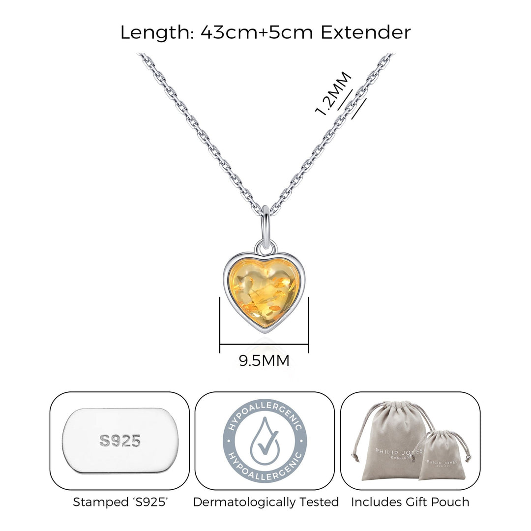 Sterling Silver Amber Heart Necklace - Philip Jones Jewellery