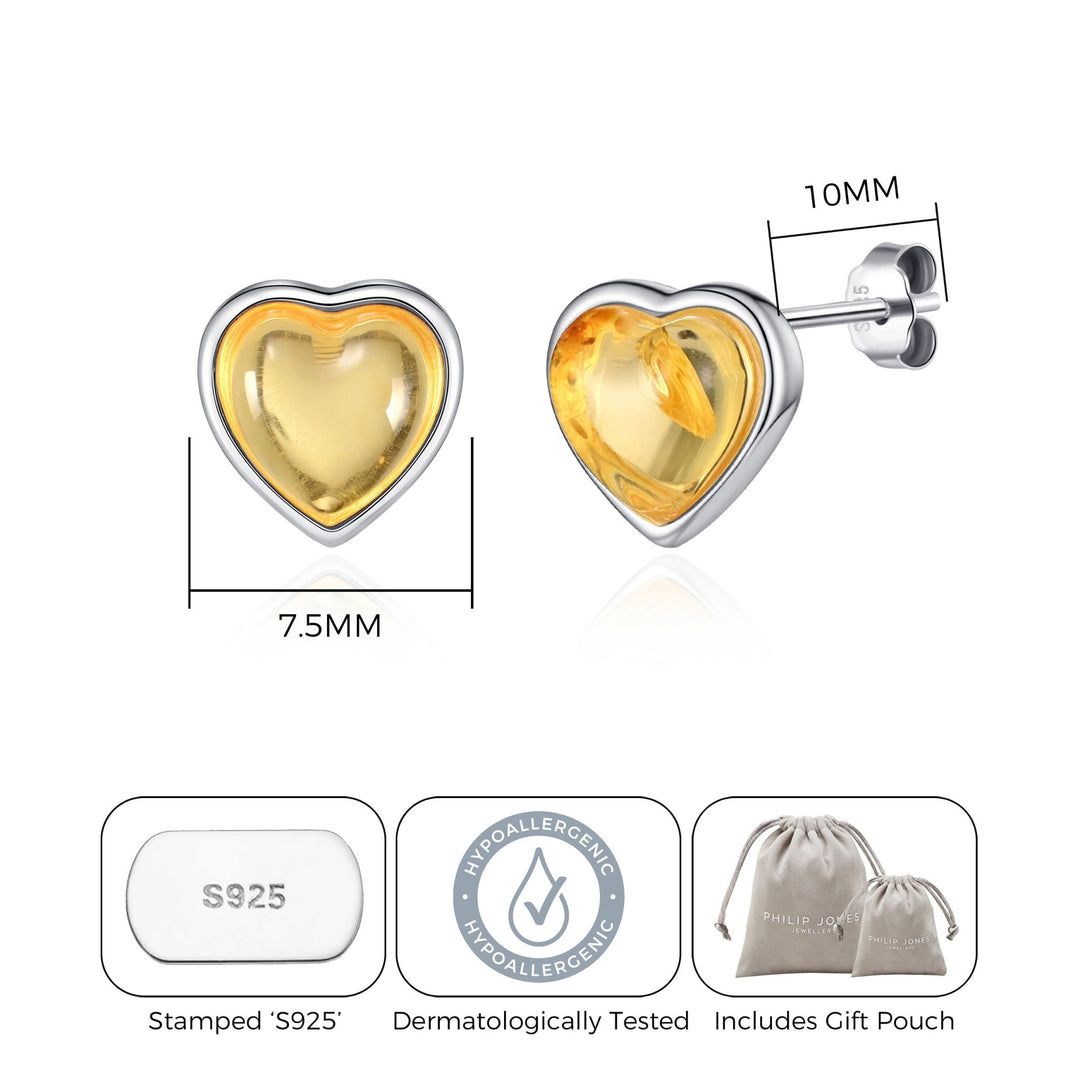Sterling Silver Amber Heart Stud Earrings - Philip Jones Jewellery