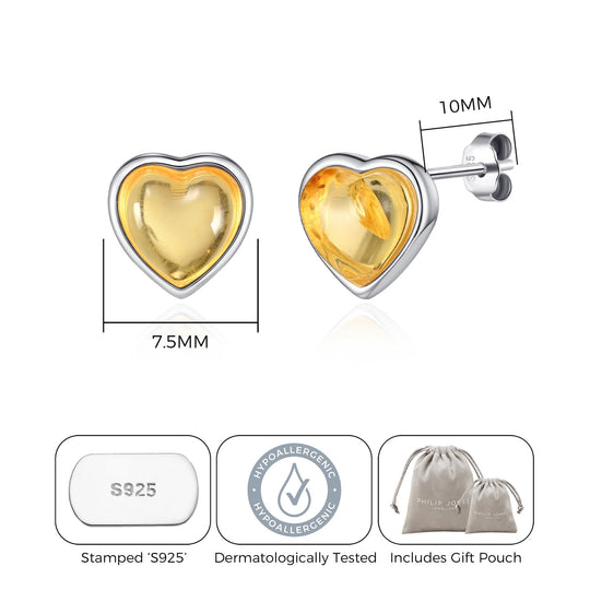 Sterling Silver Amber Heart Stud Earrings - Philip Jones Jewellery