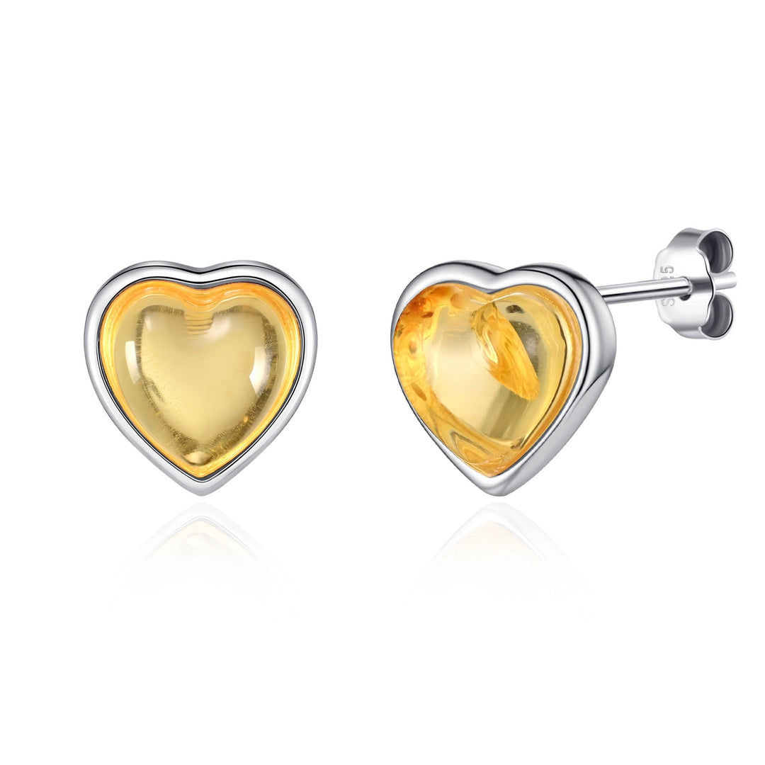 Sterling Silver Amber Heart Stud Earrings - Philip Jones Jewellery