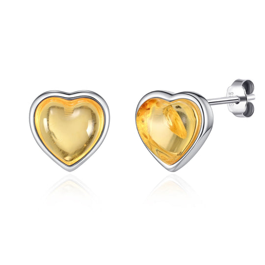 Sterling Silver Amber Heart Stud Earrings - Philip Jones Jewellery