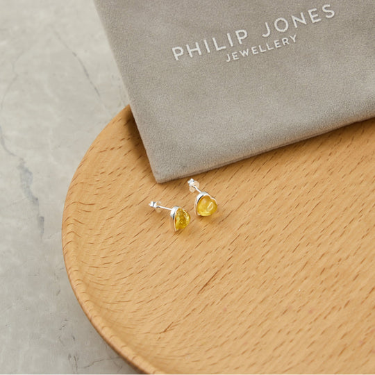 Sterling Silver Amber Heart Stud Earrings - Philip Jones Jewellery