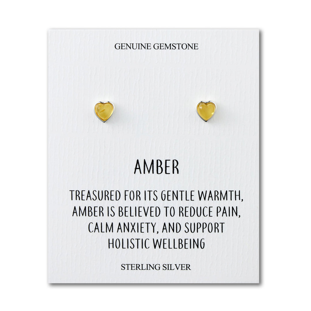 Sterling Silver Amber Heart Stud Earrings with Quote Card - Philip Jones