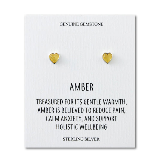 Sterling Silver Amber Heart Stud Earrings with Quote Card - Philip Jones