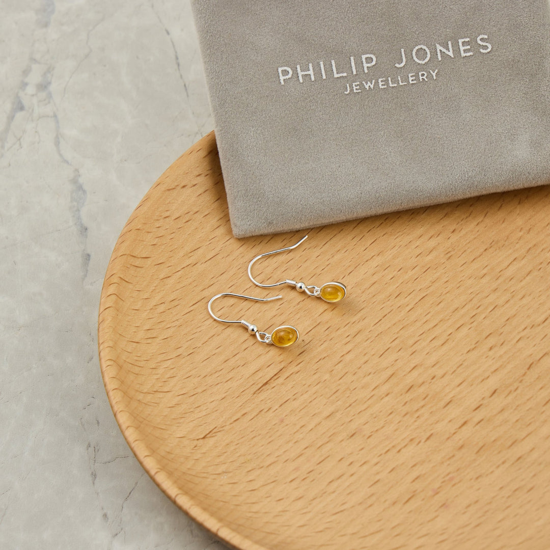 Sterling Silver Amber Oval Drop Earrings - Philip Jones Jewellery