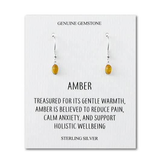 Sterling Silver Amber Oval Drop Earrings with Quote Card - Philip Jones Jewellery