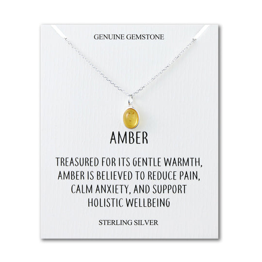 Sterling Silver Amber Oval Necklace with Quote Card - Philip Jones Jewellery