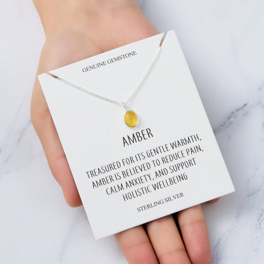 Sterling Silver Amber Oval Necklace with Quote Card