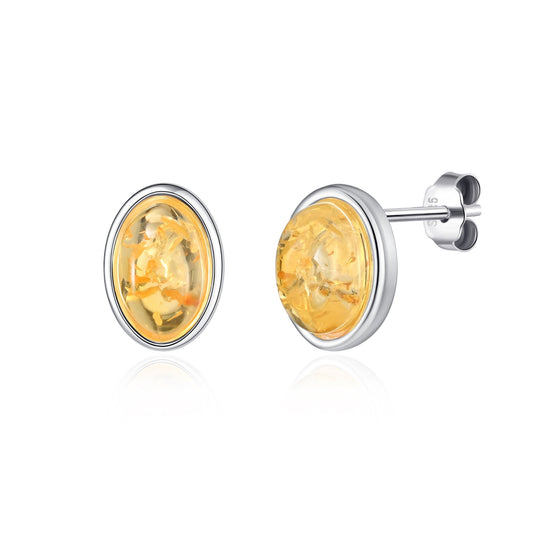 Sterling Silver Amber Oval Stud Earrings - Philip Jones Jewellery