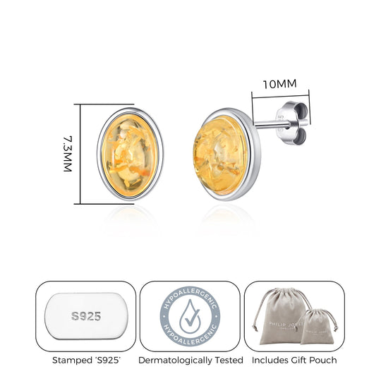 Sterling Silver Amber Oval Stud Earrings - Philip Jones Jewellery