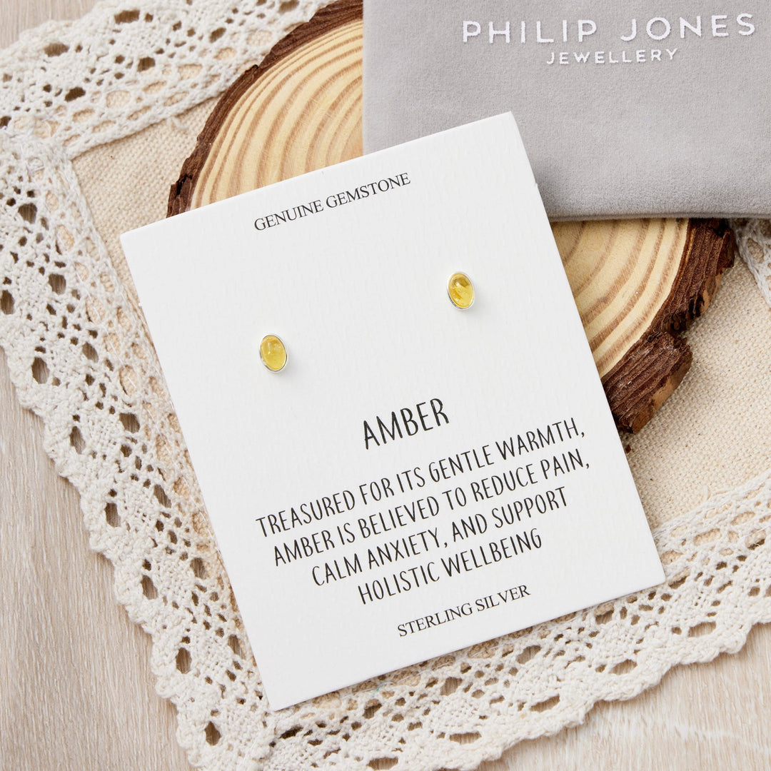 Sterling Silver Amber Oval Stud Earrings with Quote Card