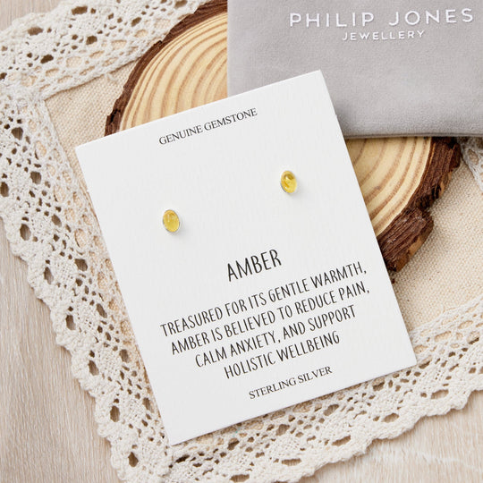 Sterling Silver Amber Oval Stud Earrings with Quote Card