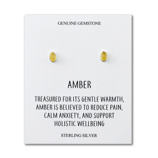 Sterling Silver Amber Oval Stud Earrings with Quote Card - Philip Jones Jewellery