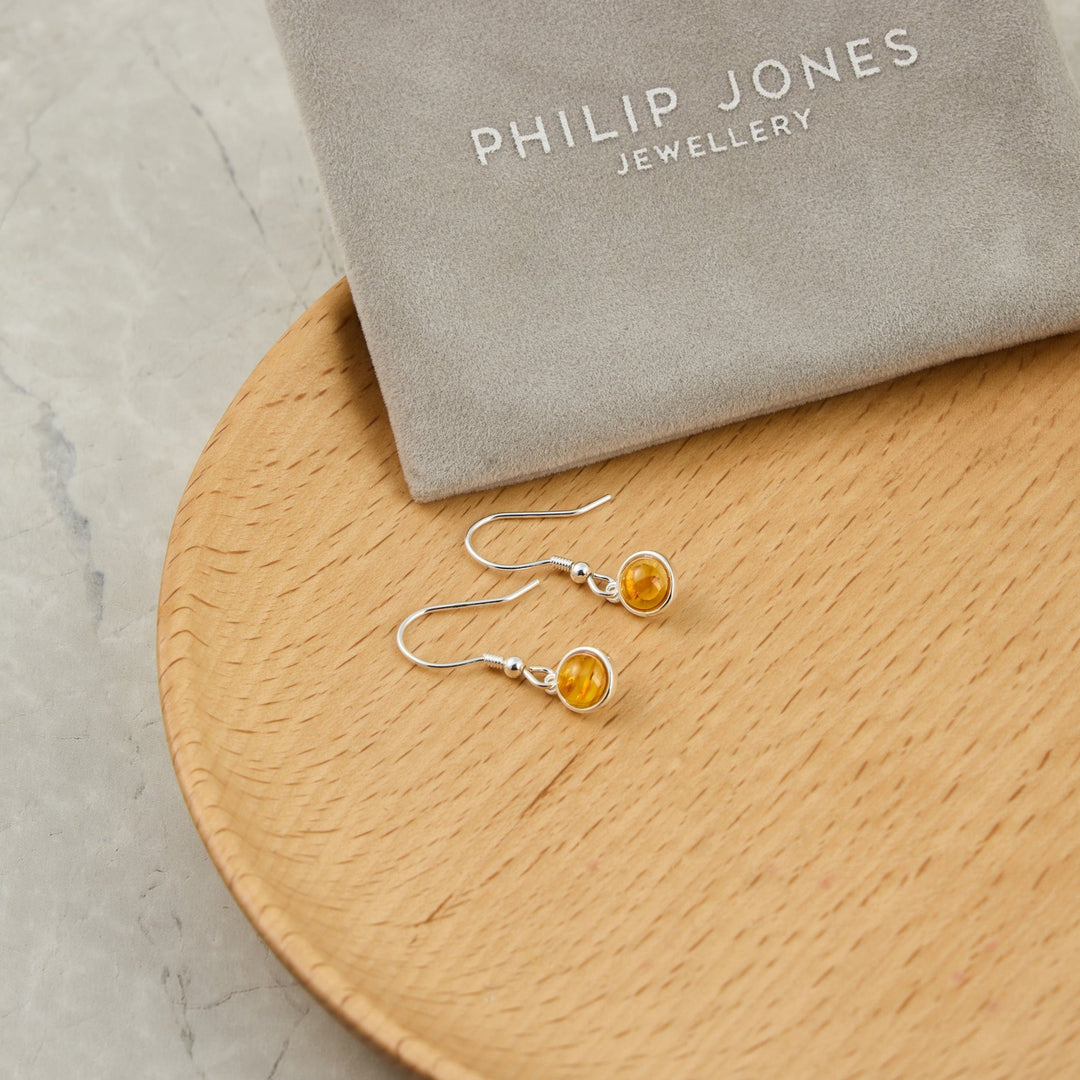 Sterling Silver Amber Round Drop Earrings - Philip Jones Jewellery