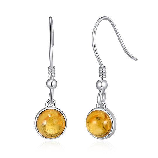Sterling Silver Amber Round Drop Earrings - Philip Jones Jewellery