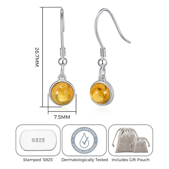 Sterling Silver Amber Round Drop Earrings - Philip Jones Jewellery