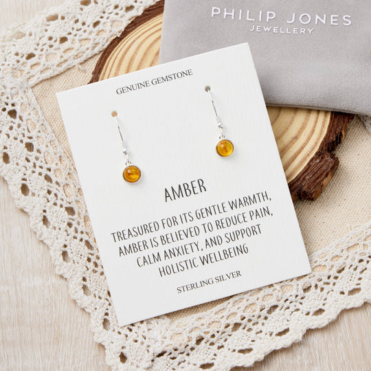 Sterling Silver Amber Round Drop Earrings with Quote Card
