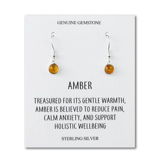 Sterling Silver Amber Round Drop Earrings with Quote Card - Philip Jones