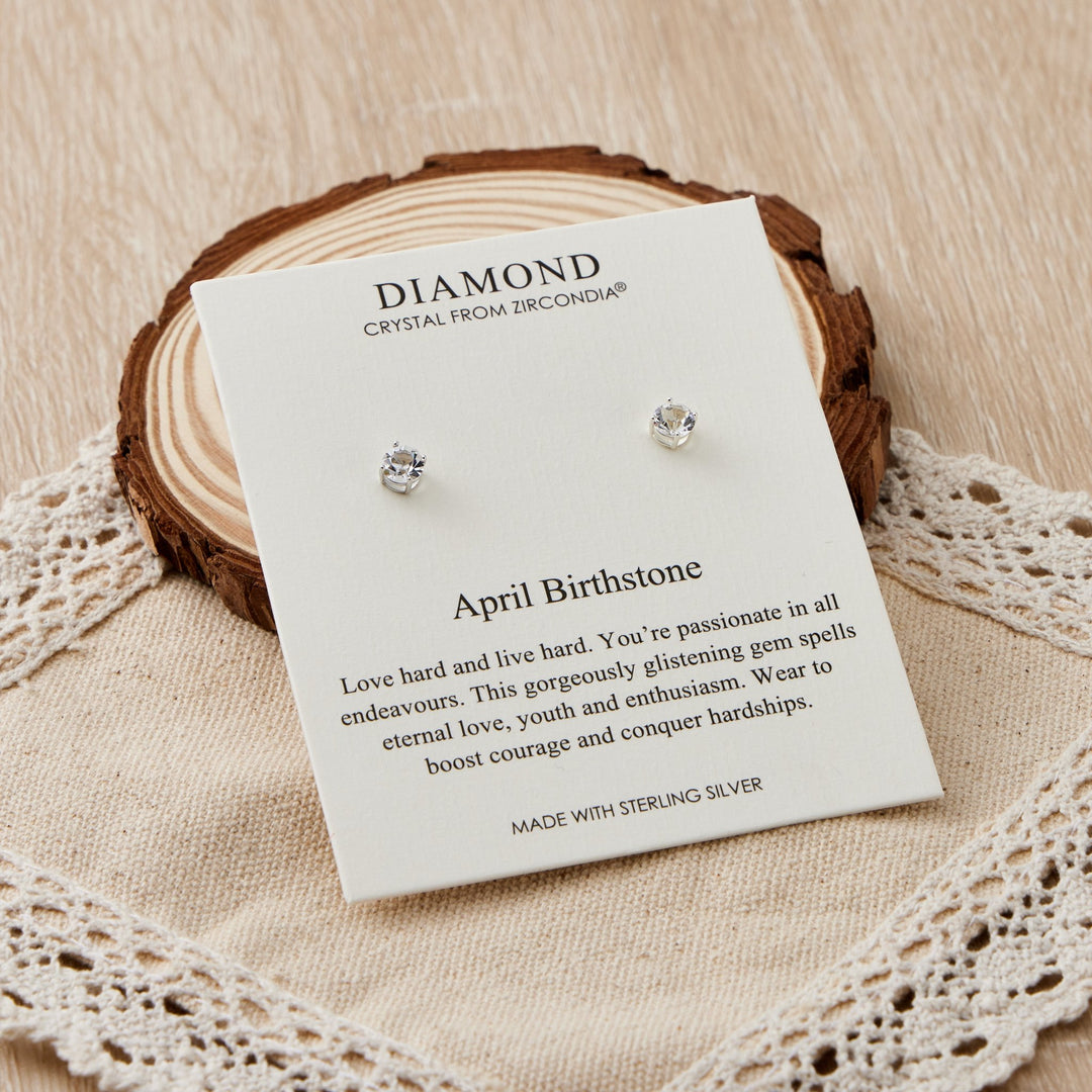 Sterling Silver April (Diamond) Birthstone Earrings Created with Zircondia® Crystals - Philip Jones Jewellery