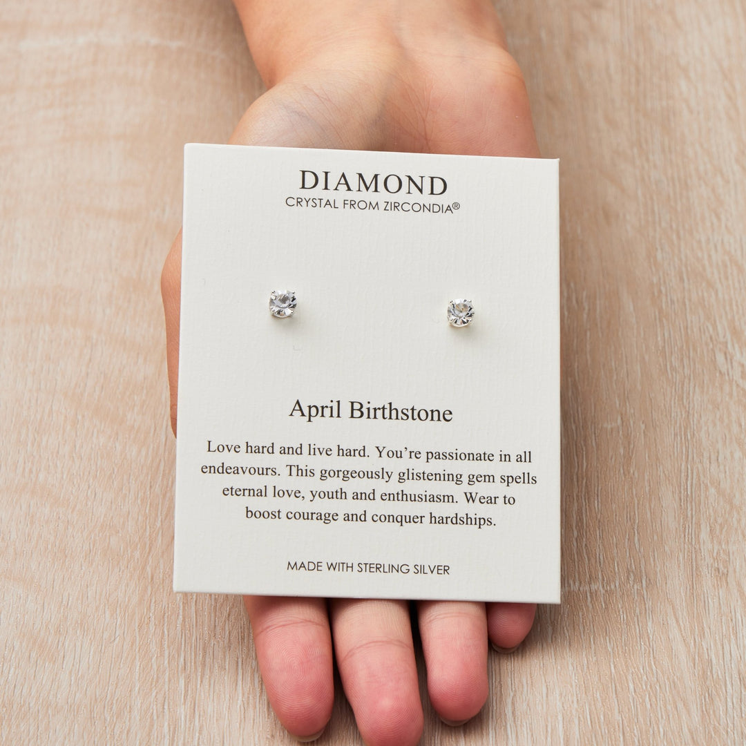 Sterling Silver April (Diamond) Birthstone Earrings Created with Zircondia® Crystals - Philip Jones Jewellery