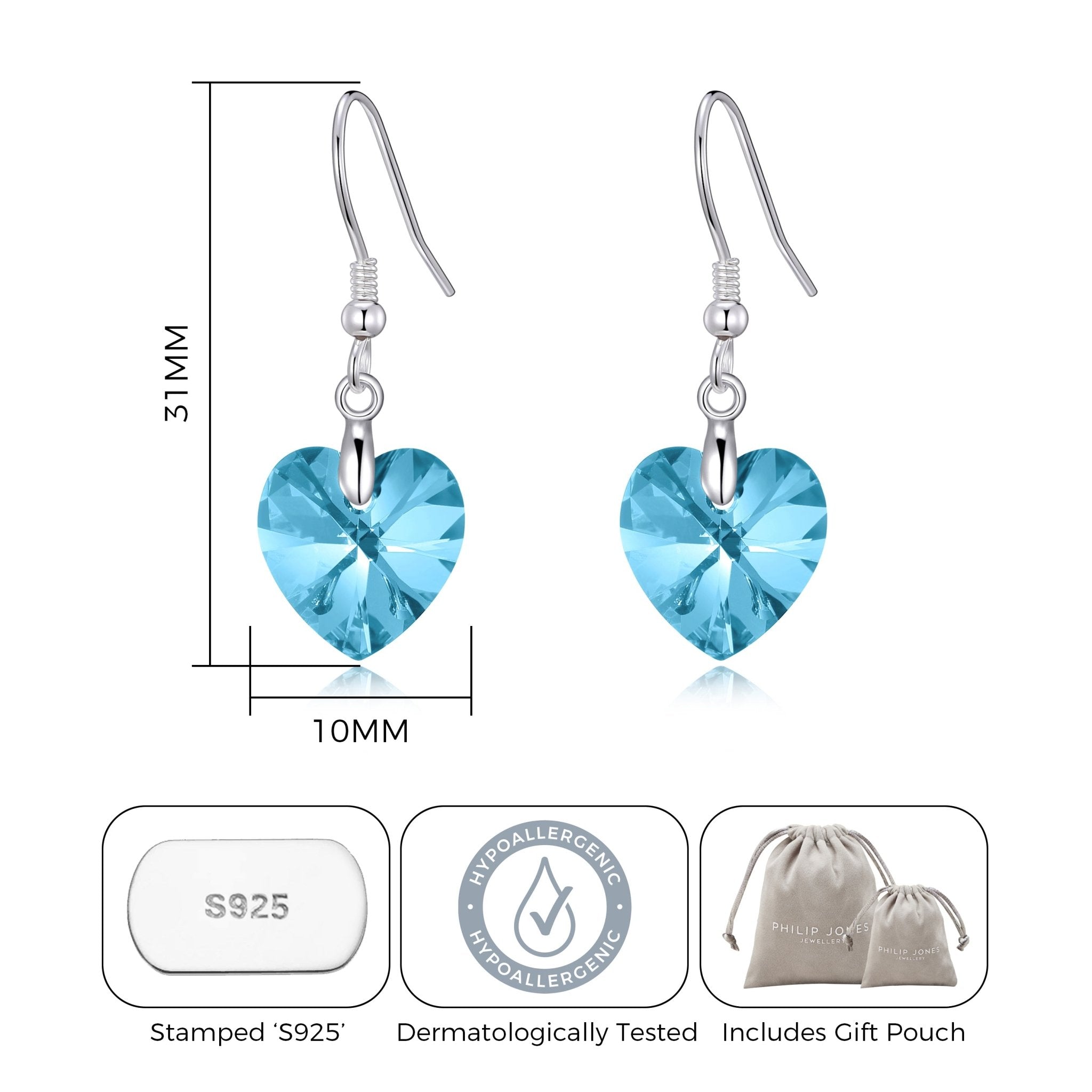 Sterling Silver Aquamarine Heart Earrings Created with Zircondia® Crystals - Philip Jones Jewellery