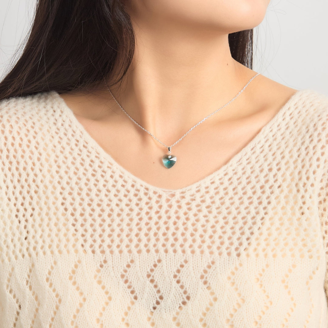 Sterling Silver Aquamarine Heart Necklace Created with Zircondia® Crystals - Philip Jones Jewellery