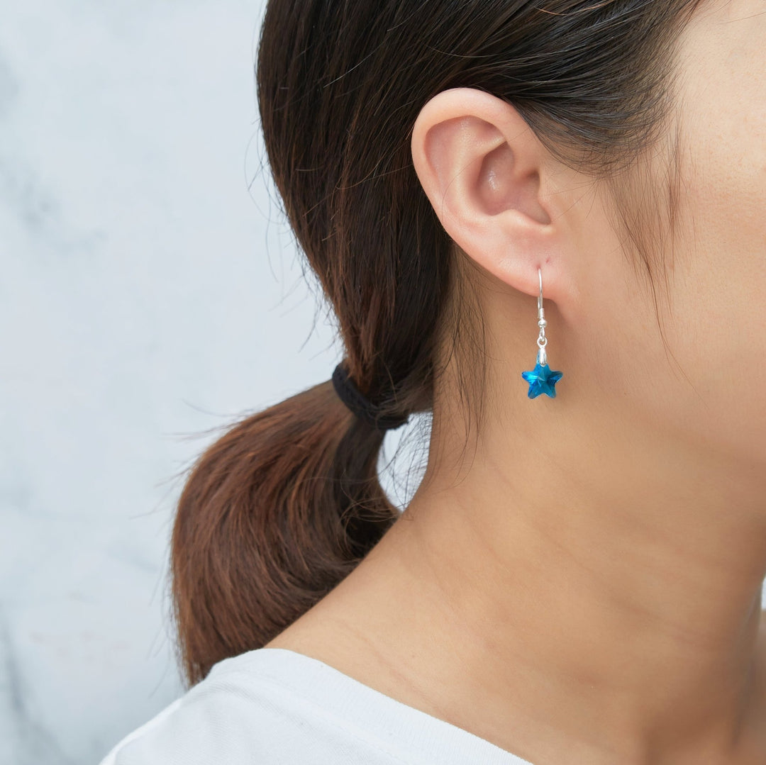 Sterling Silver Aquamarine Star Earrings Created with Zircondia® Crystals - Philip Jones Jewellery