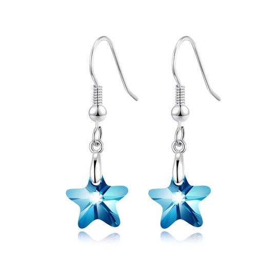 Sterling Silver Aquamarine Star Earrings Created with Zircondia® Crystals - Philip Jones Jewellery
