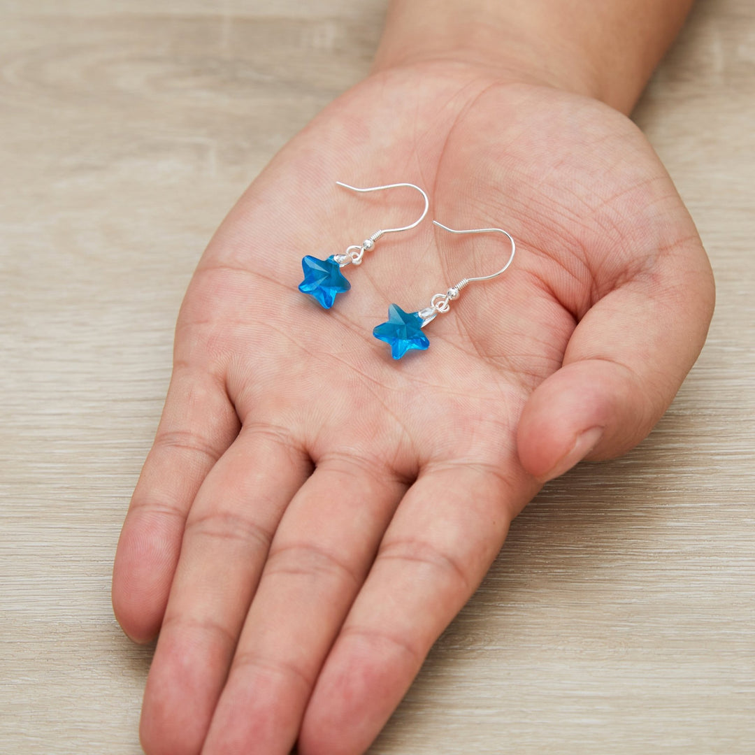 Sterling Silver Aquamarine Star Earrings Created with Zircondia® Crystals - Philip Jones Jewellery