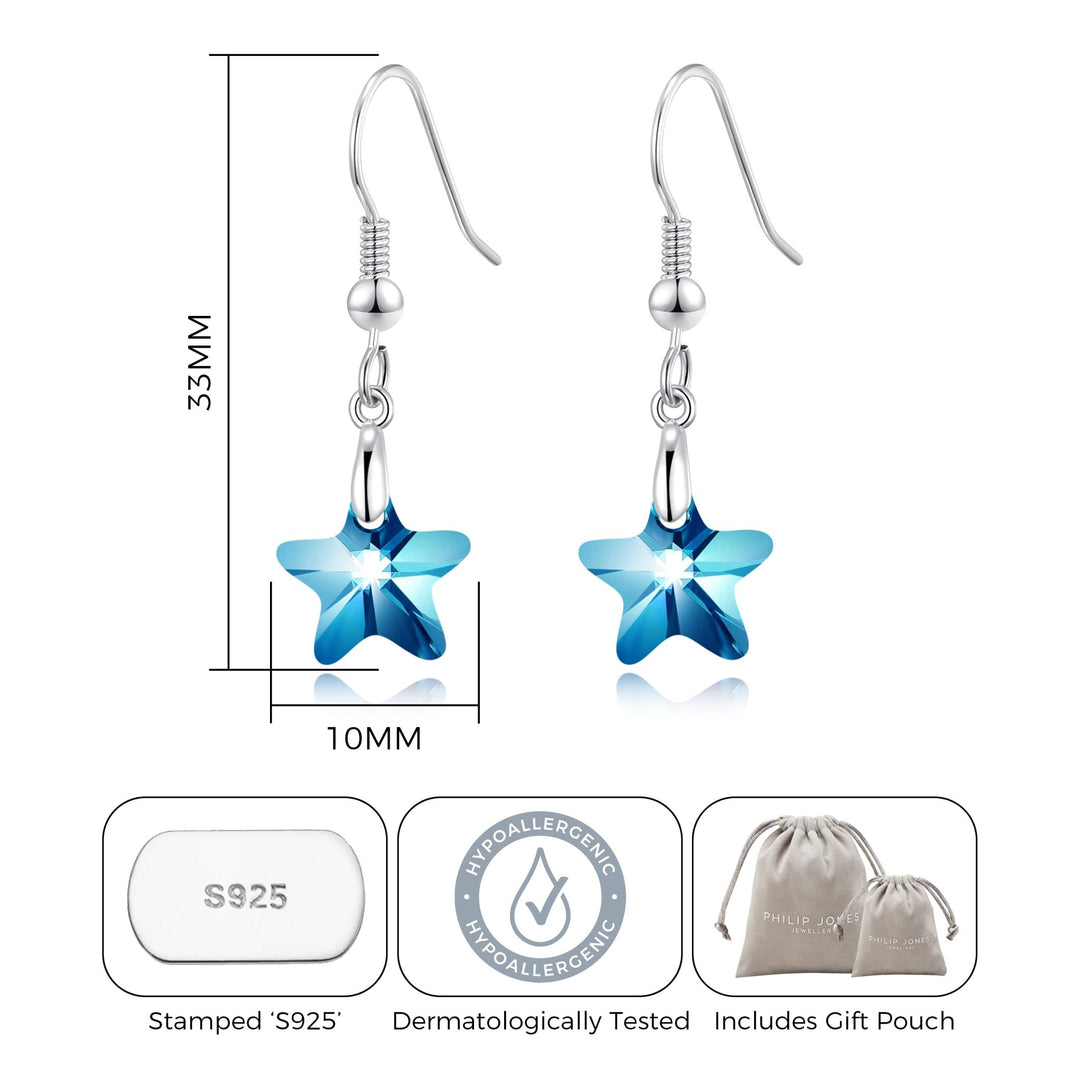 Sterling Silver Aquamarine Star Earrings Created with Zircondia® Crystals - Philip Jones Jewellery