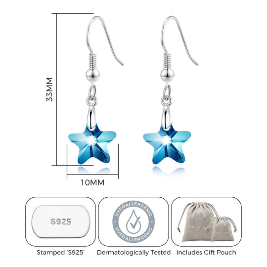 Sterling Silver Aquamarine Star Earrings Created with Zircondia® Crystals - Philip Jones Jewellery