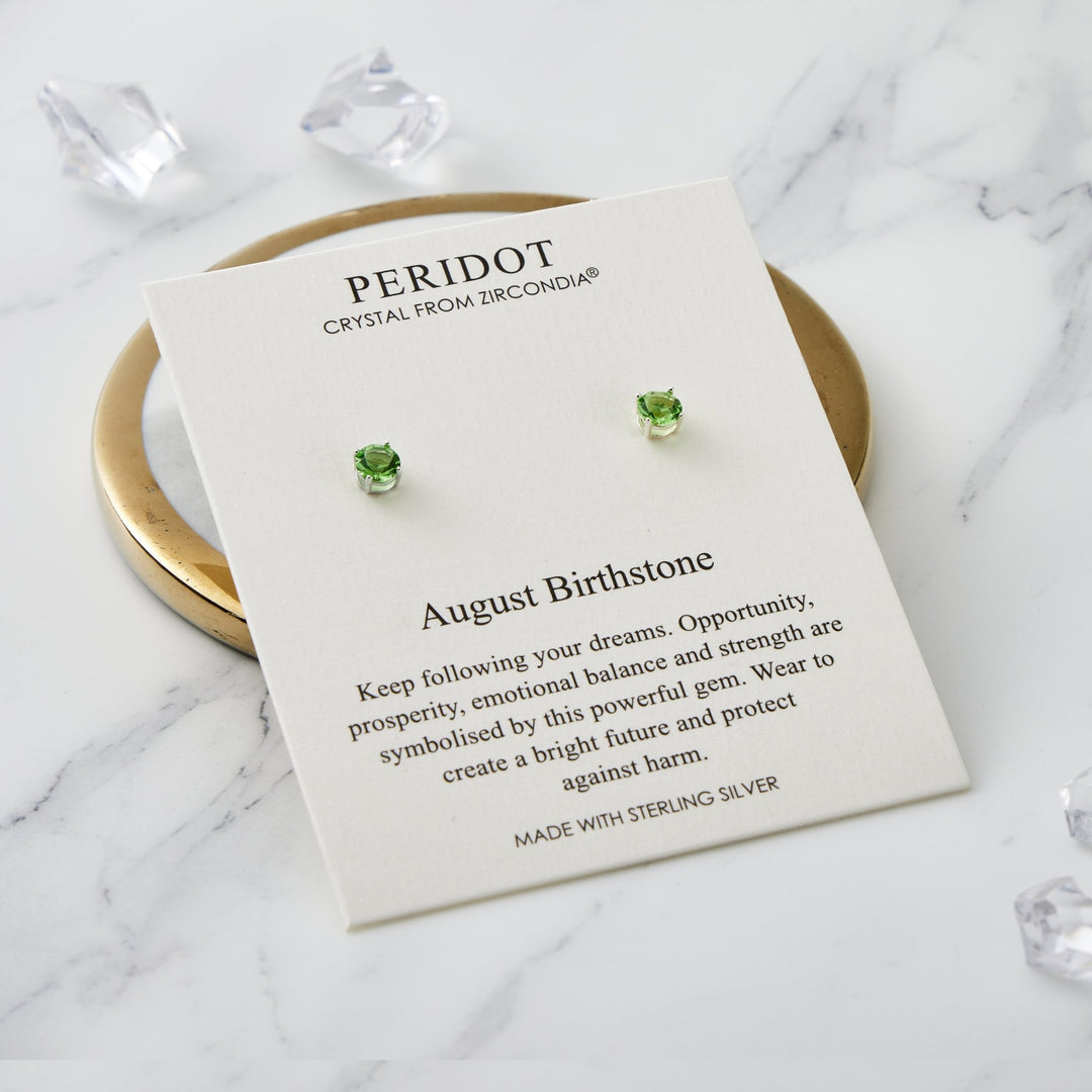 Sterling Silver August (Peridot) Birthstone Earrings Created with Zircondia® Crystals - Philip Jones Jewellery
