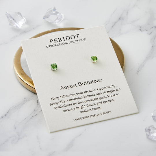 Sterling Silver August (Peridot) Birthstone Earrings Created with Zircondia® Crystals - Philip Jones Jewellery