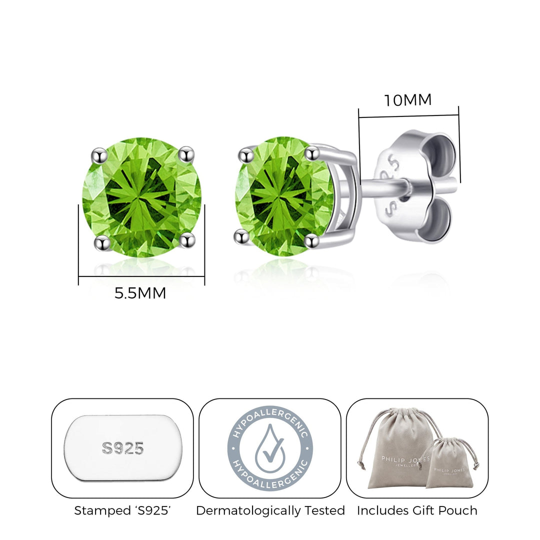 Sterling Silver August (Peridot) Birthstone Earrings Created with Zircondia® Crystals - Philip Jones Jewellery