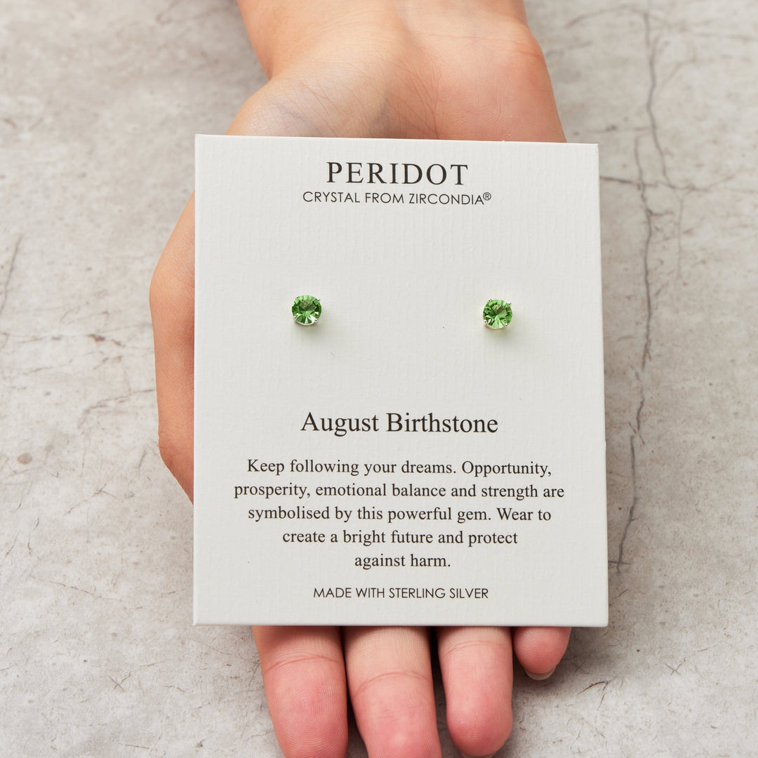 Sterling Silver August (Peridot) Birthstone Earrings Created with Zircondia® Crystals - Philip Jones Jewellery