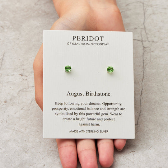 Sterling Silver August (Peridot) Birthstone Earrings Created with Zircondia® Crystals - Philip Jones Jewellery