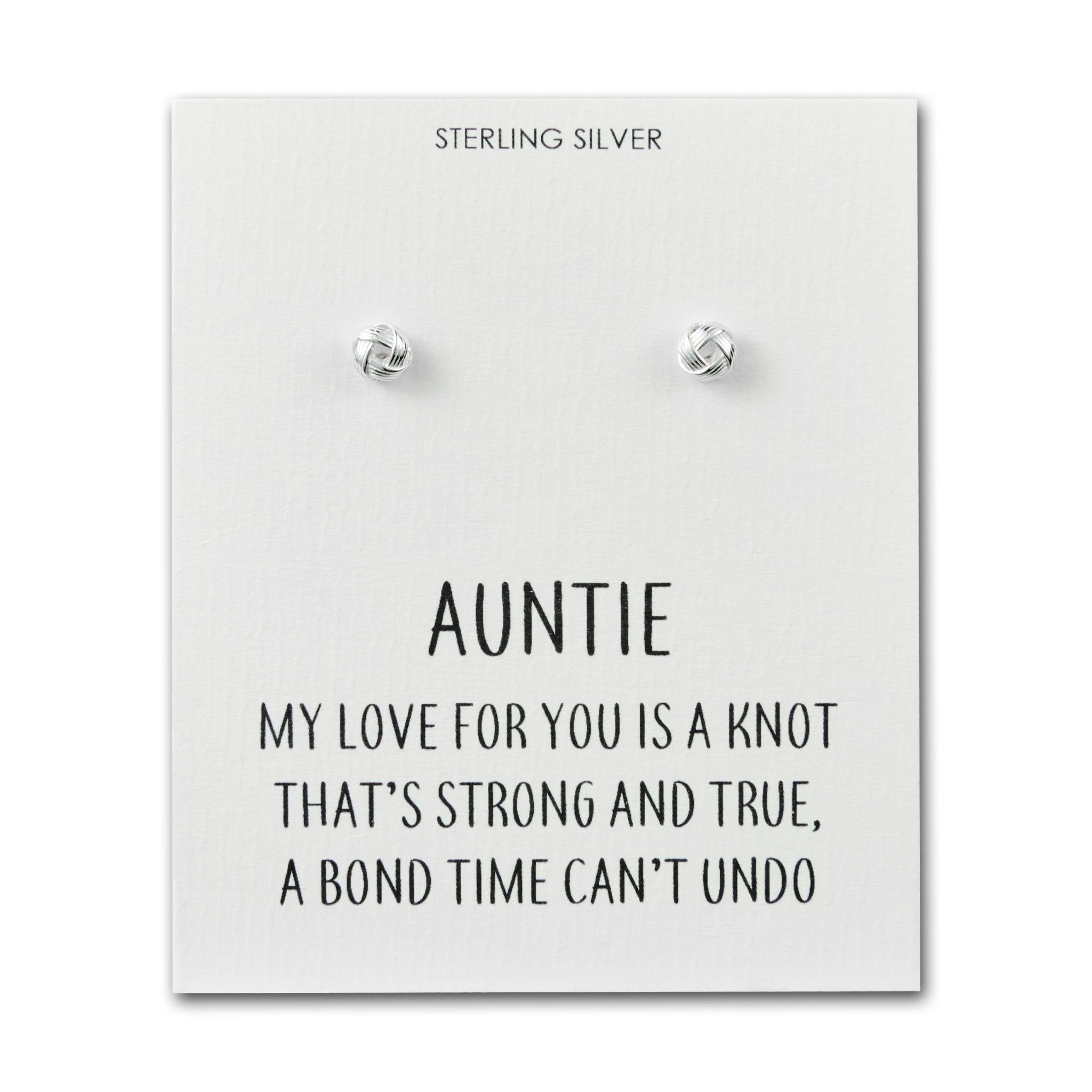 Sterling Silver Auntie Quote Knot Earrings - Philip Jones Jewellery